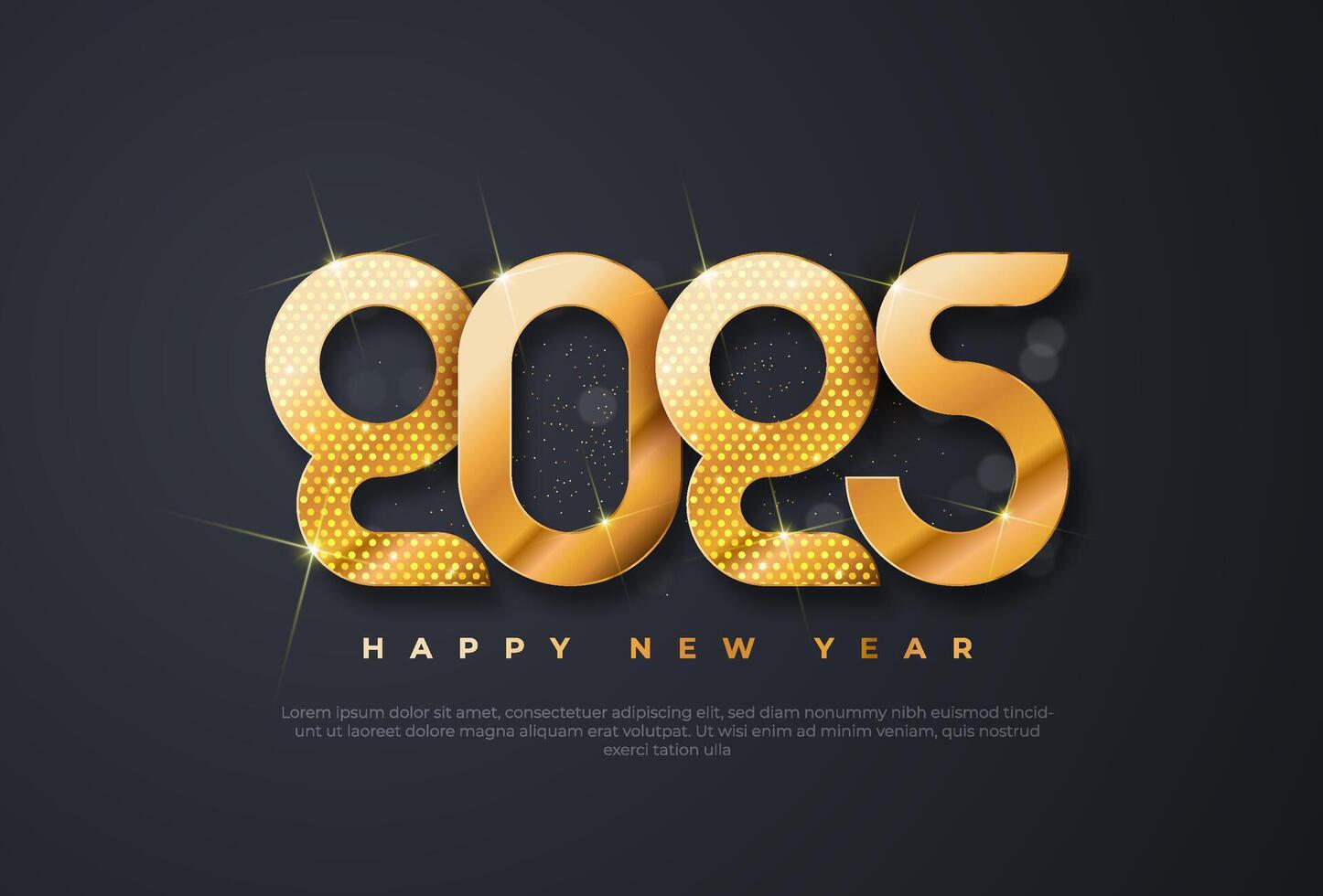 Happy new year 2025 typographic text poster design celebration. Glowing golden numbers and dark background vector