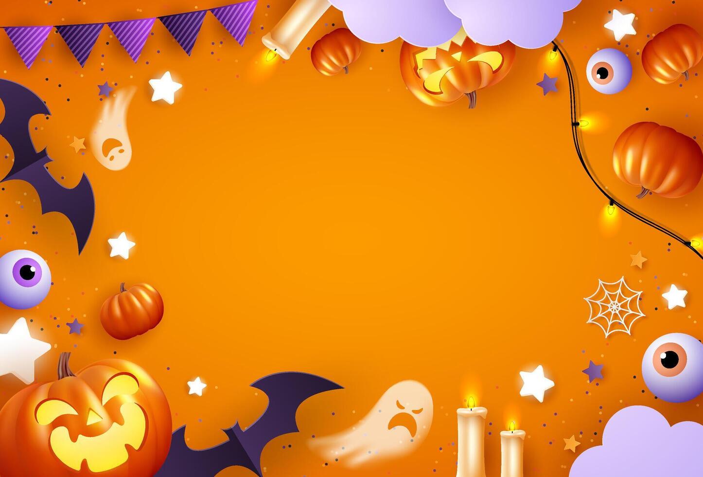 Happy Halloween trick or treating with pumpkins, spider webs, bats and spooky eyes. Spooky website, Halloween background or banner template. vector