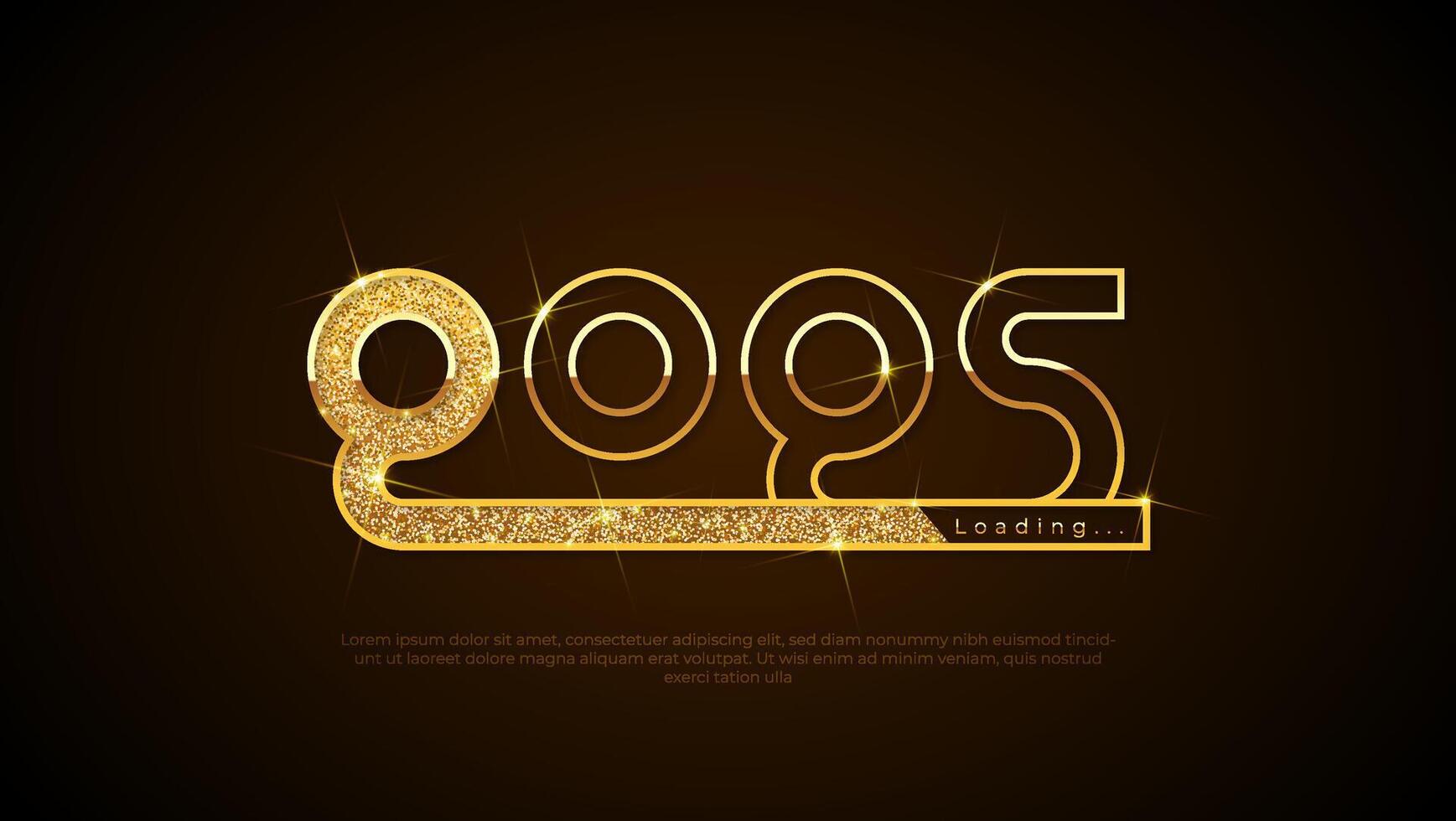 Progress bar with golden particles on black Download New Year's Eve. Loading animation screen with Glitter confetti shows almost reaching 2025. Creative festive banner with shiny progress bar. vector