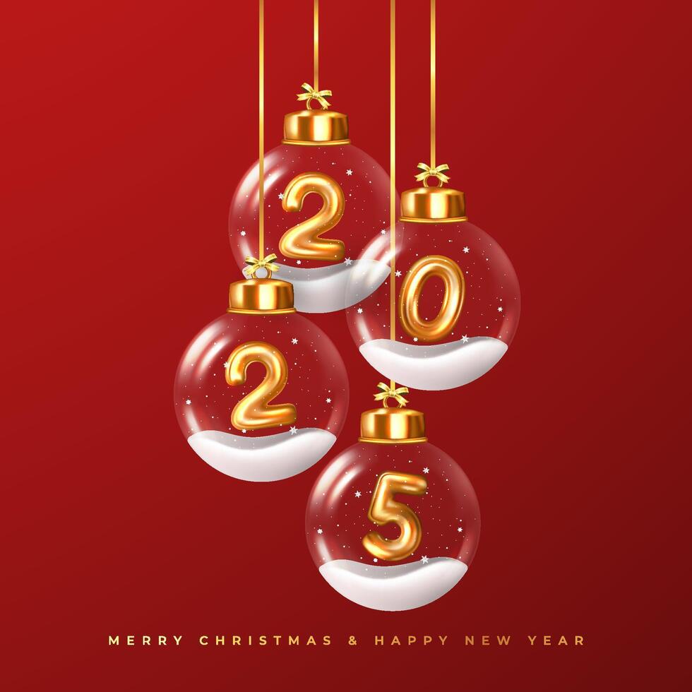 contento nuevo año 2025. dorado números dentro vaso Navidad pelotas colgando en cinta. realista