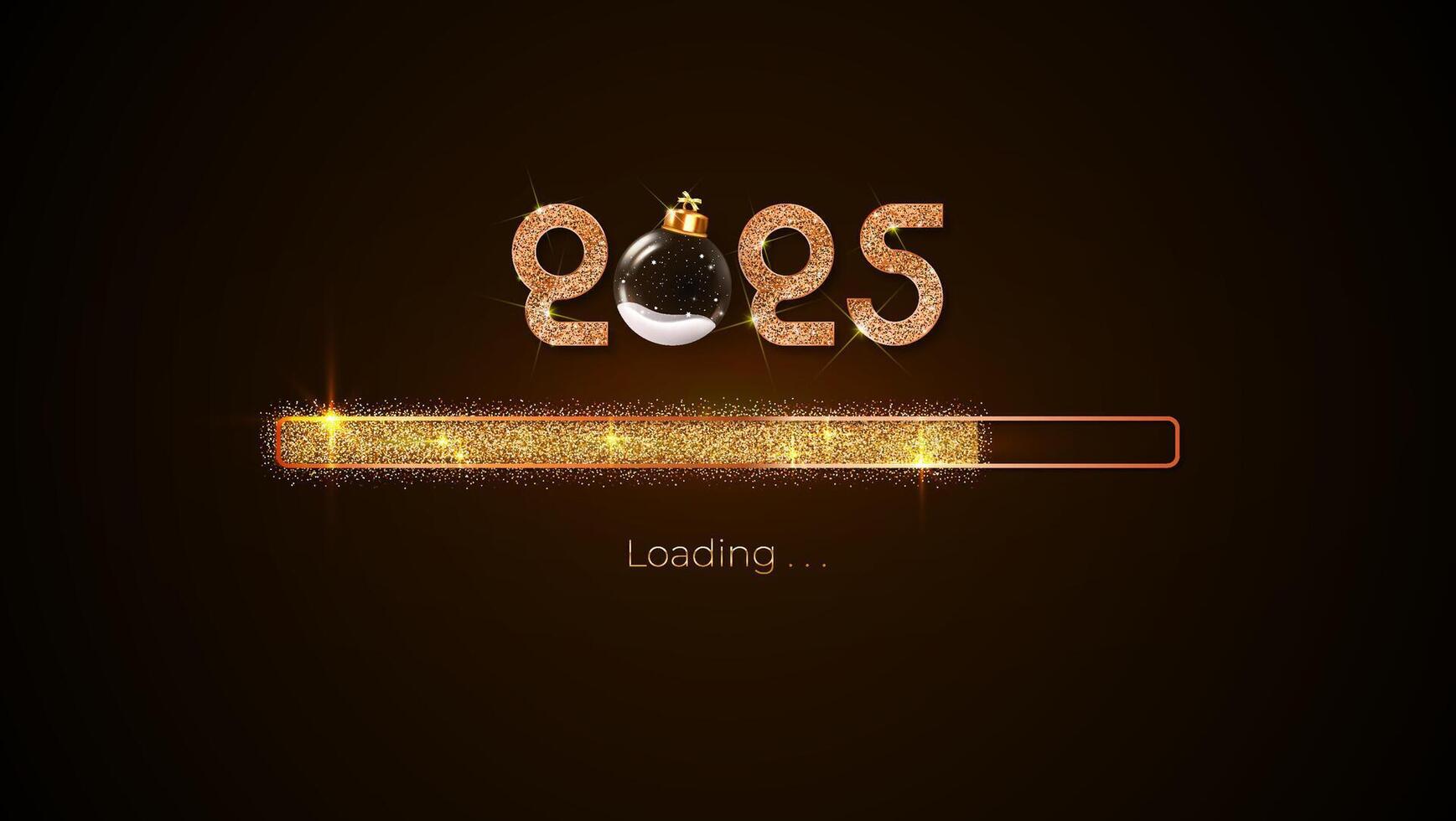 Progress bar with golden particles on black Download New Year's Eve. Loading animation screen with Glitter confetti shows almost reaching 2025. Creative festive banner with shiny progress bar. vector