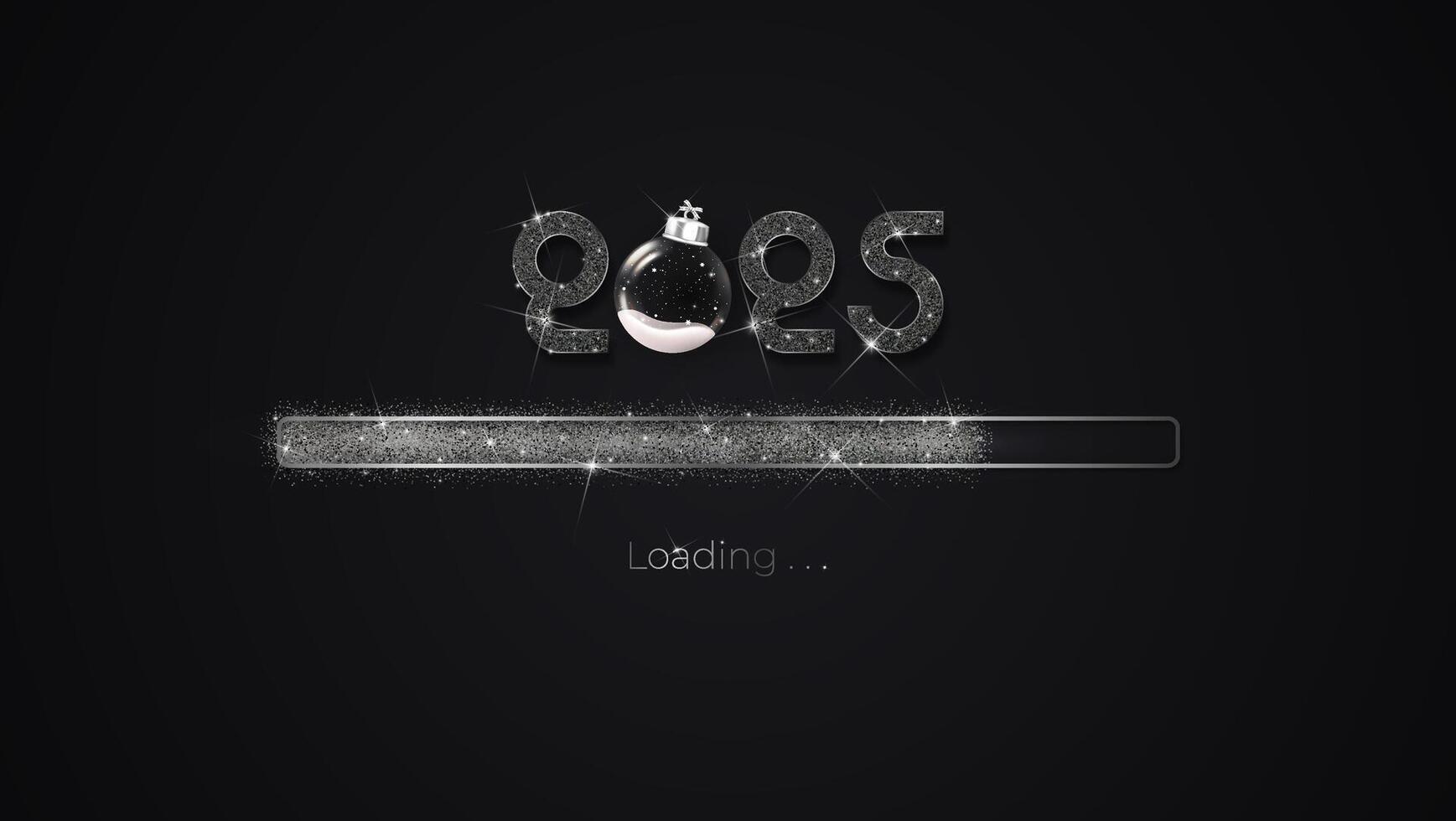 Progress bar with dark particles on black Download New Year's Eve. Loading animation screen with Glitter confetti shows almost reaching 2025. Creative festive banner with shiny progress bar vector