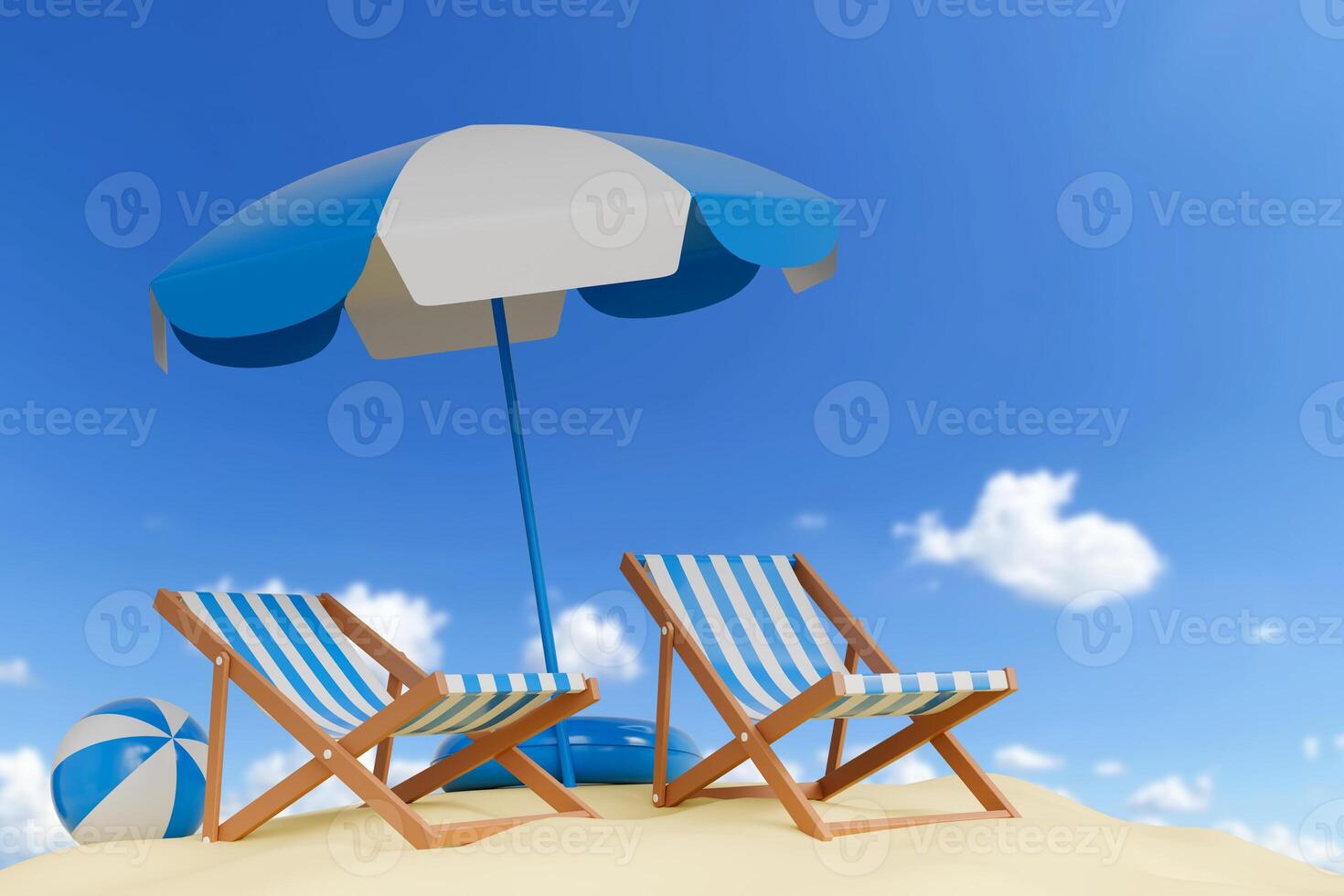 Vacation beach landscape with elements of beach chairs, sea, blue umbrella with balls, 3D illustration photo