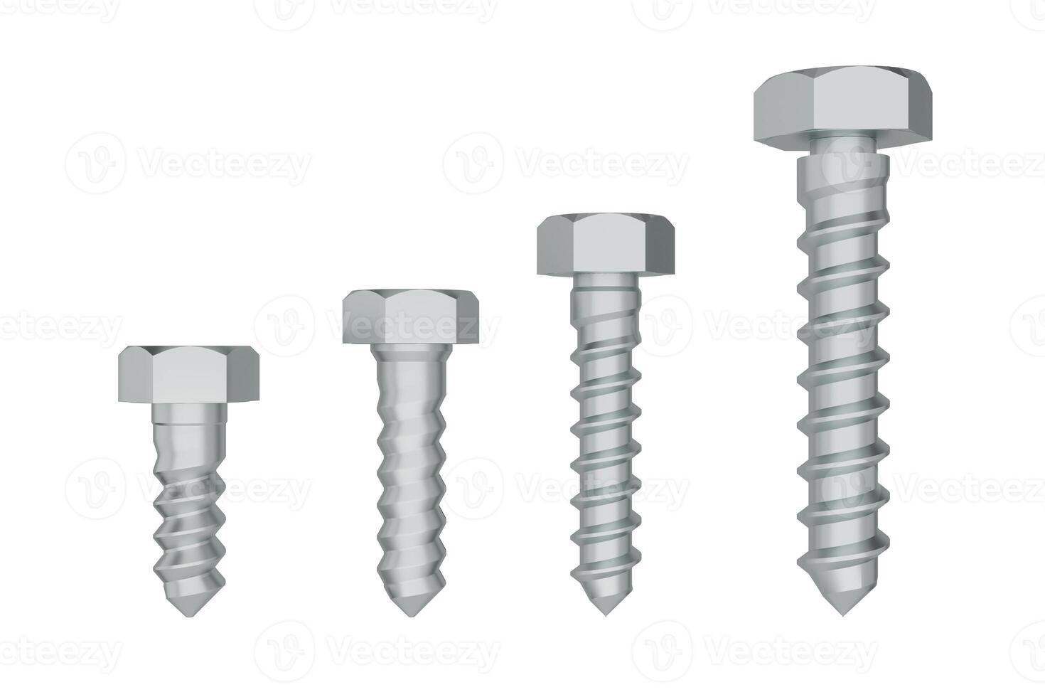 Bolts and screws Real metal fasteners with nuts 3D Hardware Selection. Front view of various types of steel nails. tools for construction 3D illustration with clipping path photo