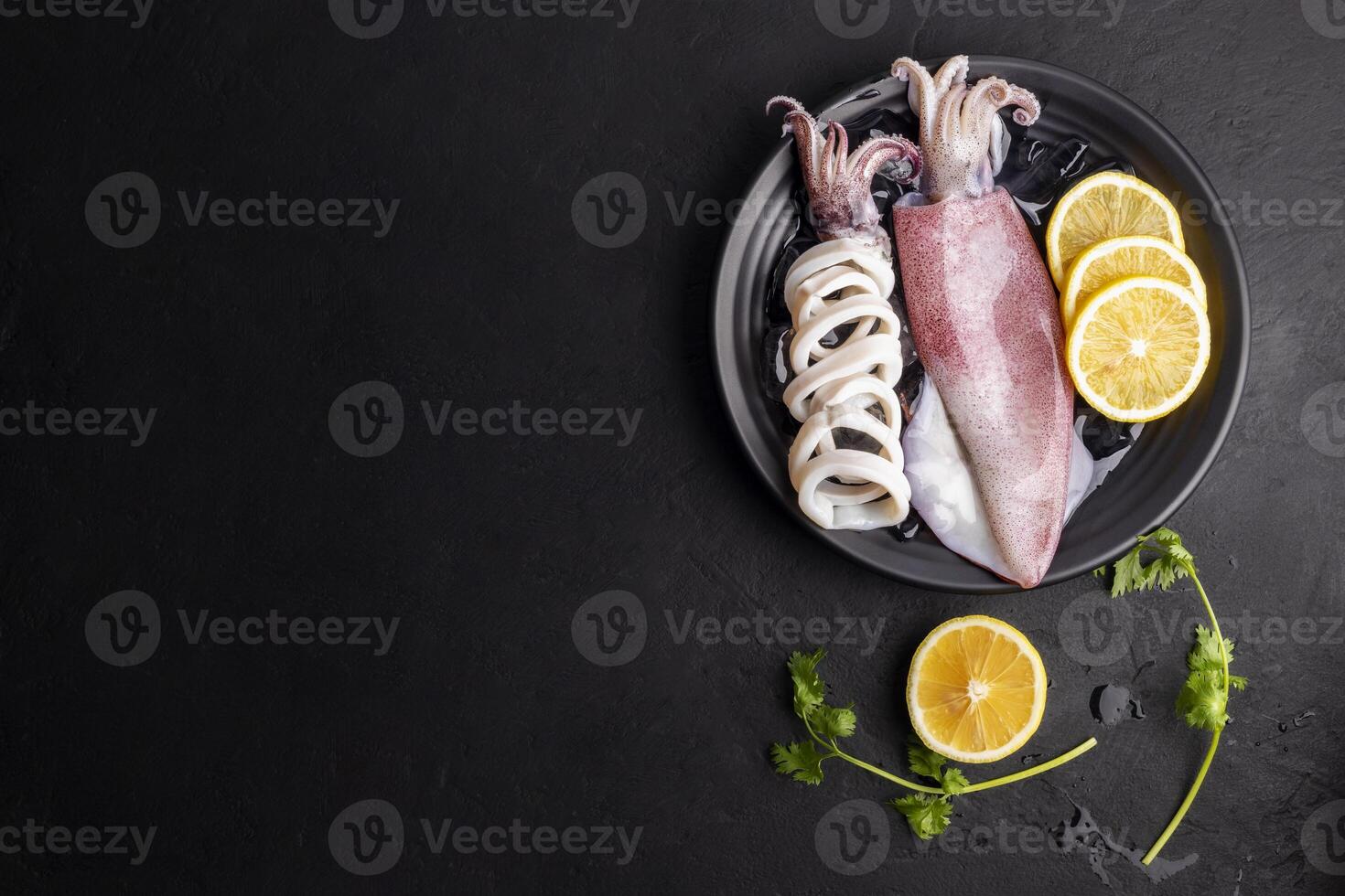 Fresh raw squid. Raw squid on a black plate with ice. Lemon slices. Top view and copy space for your text. photo