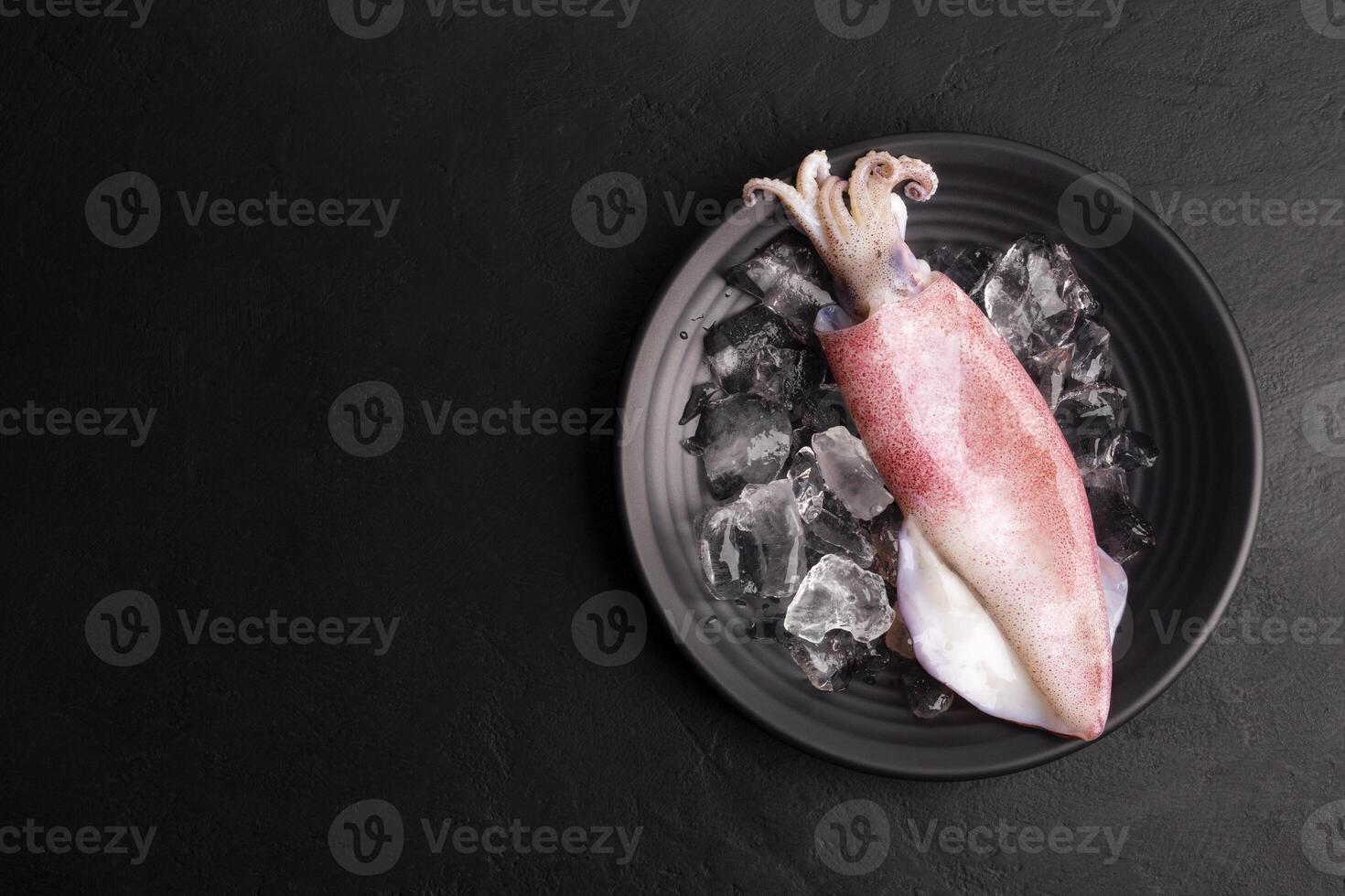 fresh raw squid natural seafood Raw squid on a black plate with ice Top view and copy space for your text. photo