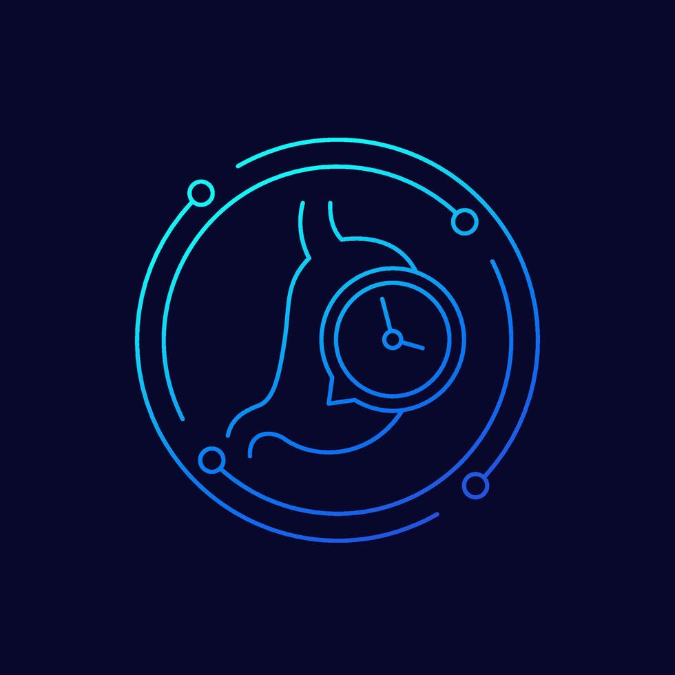 digestion, time to digest food icon with a stomach, linear design vector
