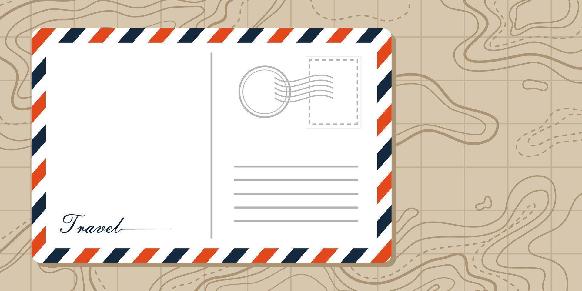 postcard white paper with red and blue on vintage topographic texture background. concept of travelling illustration. air mail or envelope vector