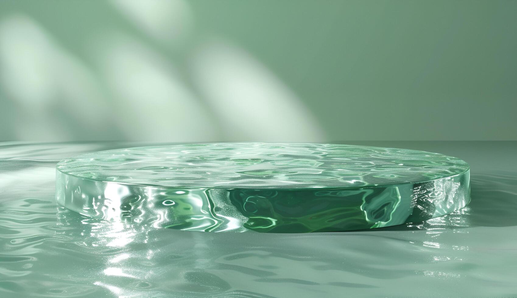 Cosmetic product display stand. 3d green podium on water photo