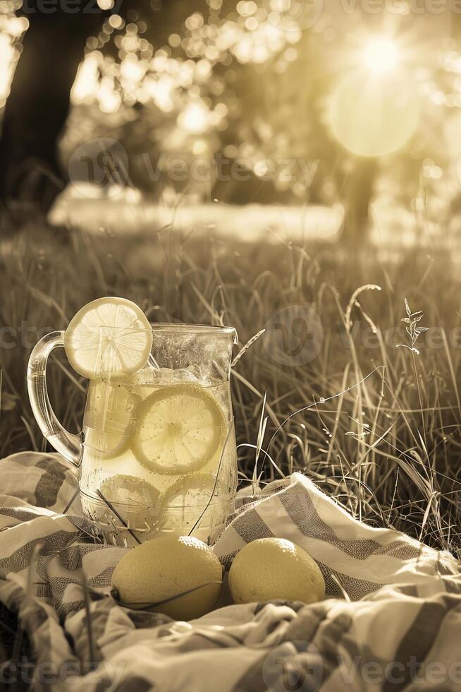 A pitcher of Lemonade and lemons on quaint picnic blanket photo