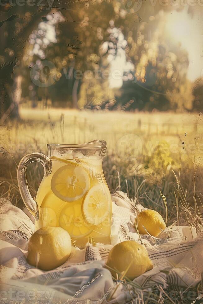 A pitcher of Lemonade and lemons on quaint picnic blanket photo