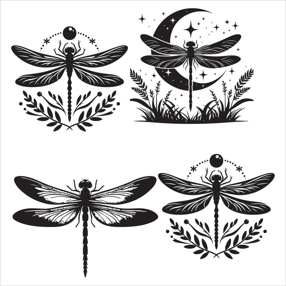 Black outline dragonfly floral and butterfly clipart bundle, mystic ornamental black and white insects silhouettes hand drawn sketched vector