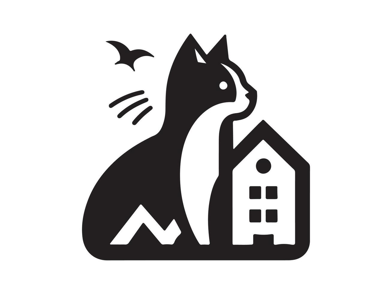 a black and white cat and house logo vector