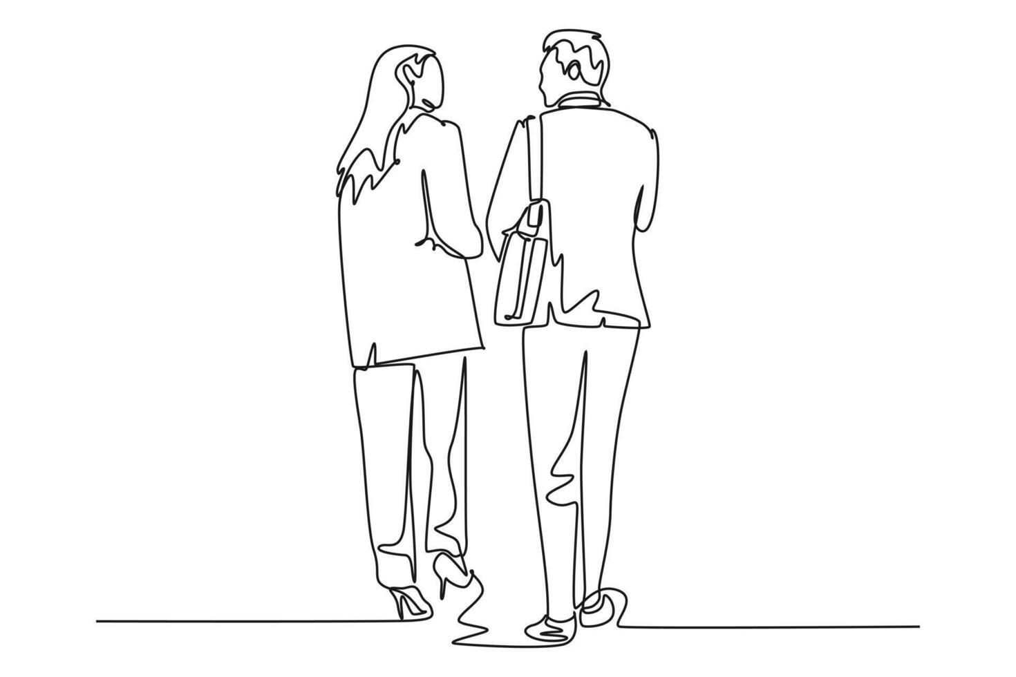 Single continuous line drawing back view young couple male and female employees discussing new strategy plan to company growth. Urban commuter workers. One line draw graphic design illustration vector