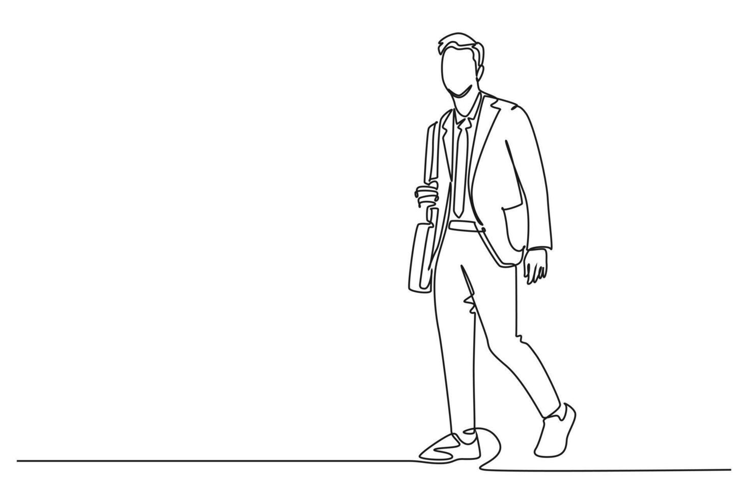 Single one line drawing young male worker walking hurry on city street to go to the office while holding document. Urban commuter worker. Modern continuous line draw design graphic illustration vector