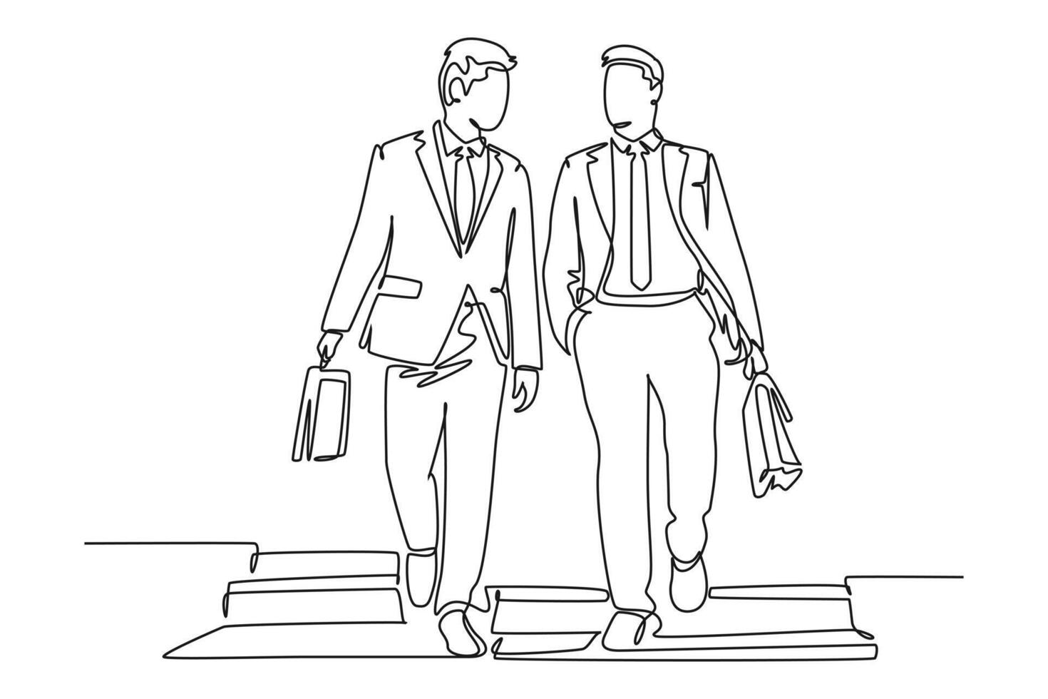 Continuous one line drawing two young success company business men take walk and talk together after company meeting. Business conversation concept. Single line draw design graphic illustration vector