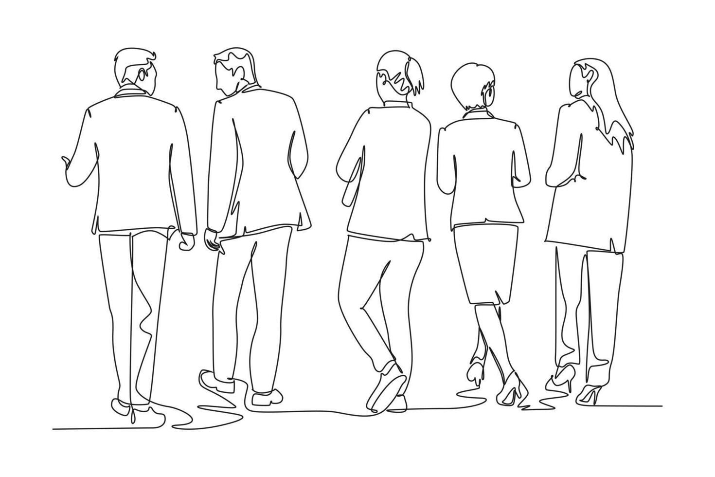 Single one line drawing back view of businessman and business woman walking together to meeting room to present their partner project proposal. Continuous line draw design graphic illustration vector