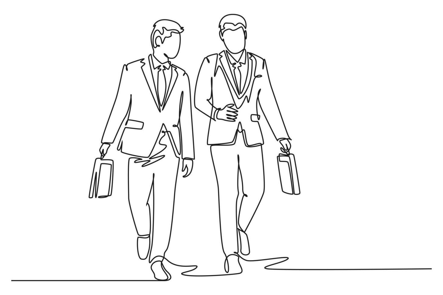 Continuous one line drawing young businessmen walking together colleague on city street discussing work to go to the office. Urban commuter workers. Single line draw design graphic illustration vector