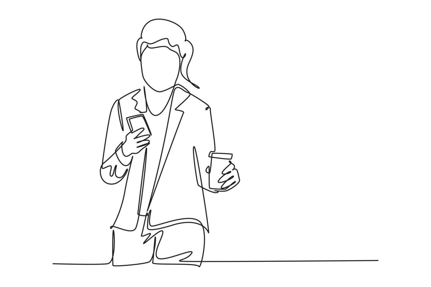 Single continuous line drawing young female employee talking with her partner on the phone while holding a cup of coffee drink. Drinking tea concept. One line draw graphic design illustration vector
