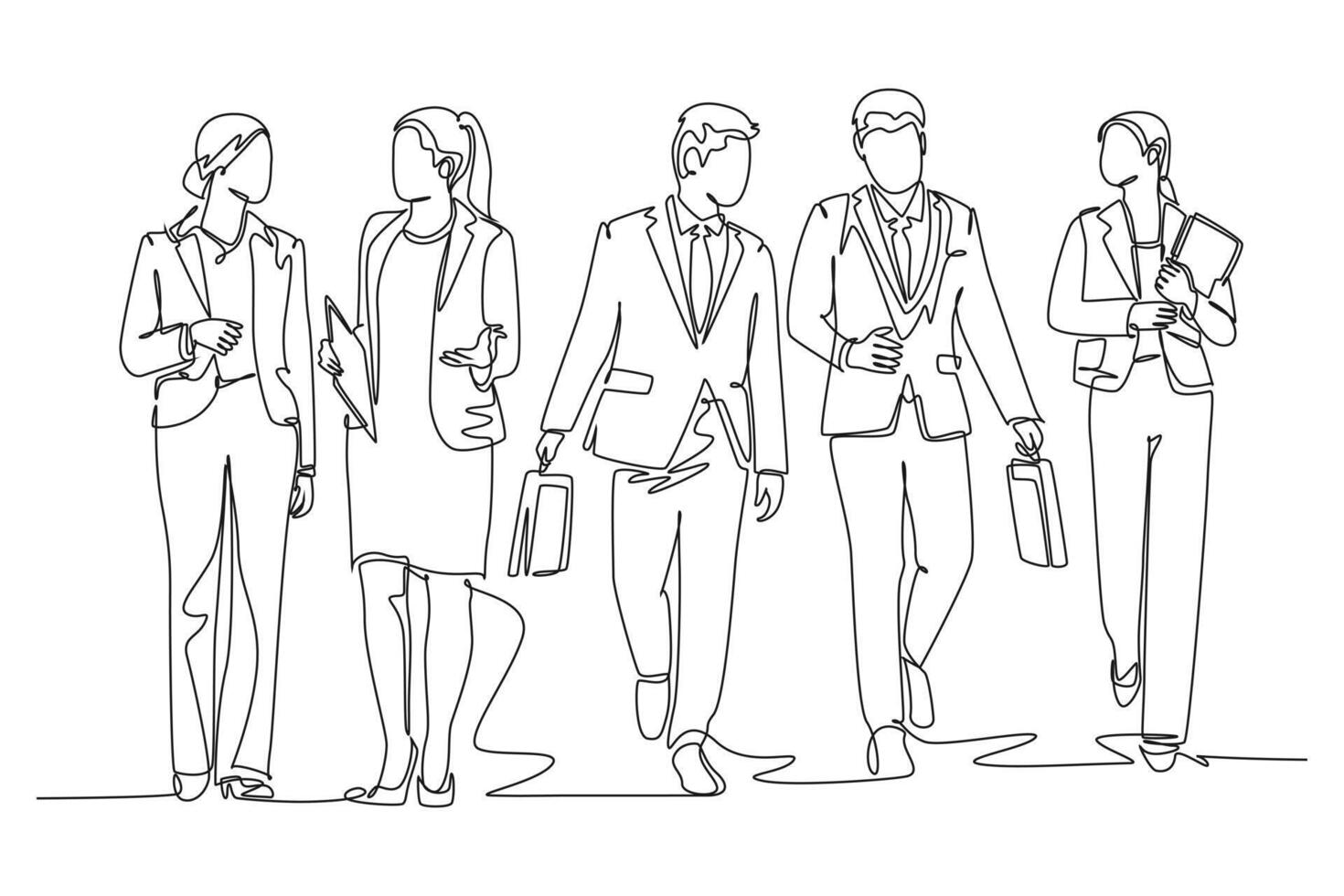 Single continuous line drawing of young male and female workers walking together neatly in a row in city street go to office. Urban commuter workers. One line draw graphic design illustration vector
