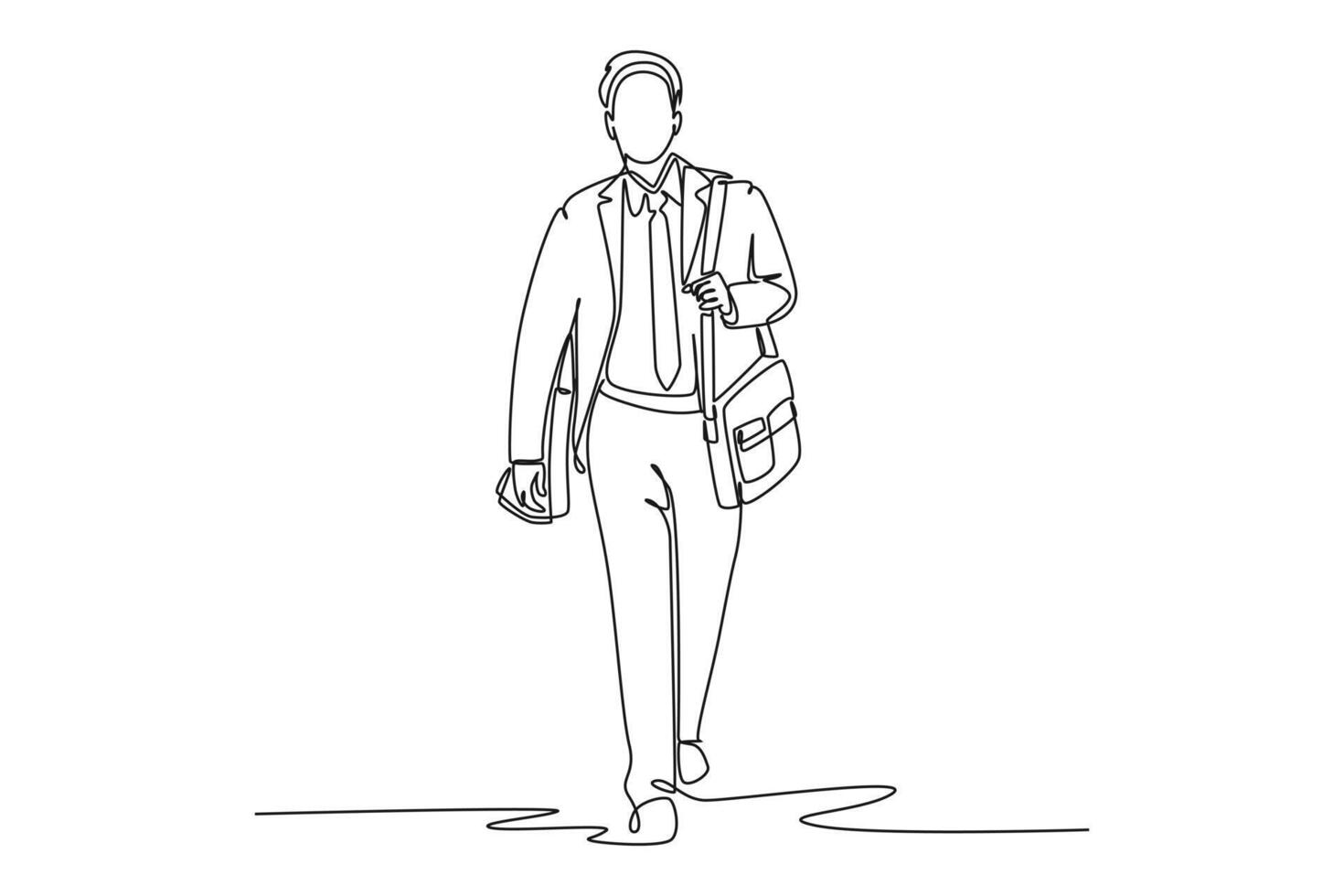 Continuous one line drawing young male manager walking in hurry at city street try not be late for work meeting at office. Urban commuter worker concept. Single line design graphic illustration vector