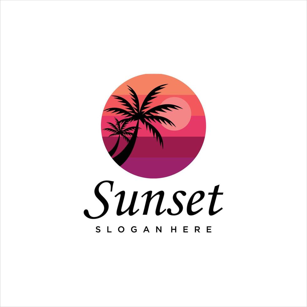 sun beach logo design, sunset with island logo design illustration vector