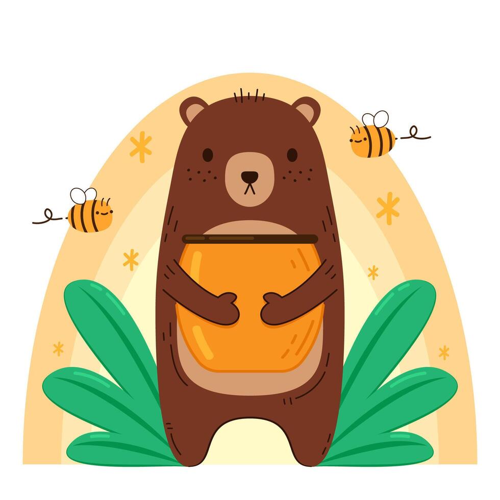 Bear hugging a jar of honey. Bear and Bee cartoon . Honey jar . Bear character. vector