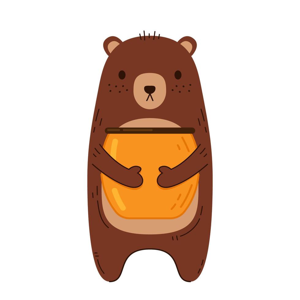 Bear hugging a jar of honey. Bear and Bee cartoon . Honey jar . Bear character. vector