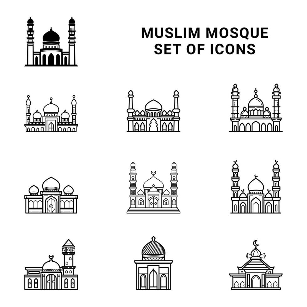 set of muslim mosque line art icon isolated on white background vector