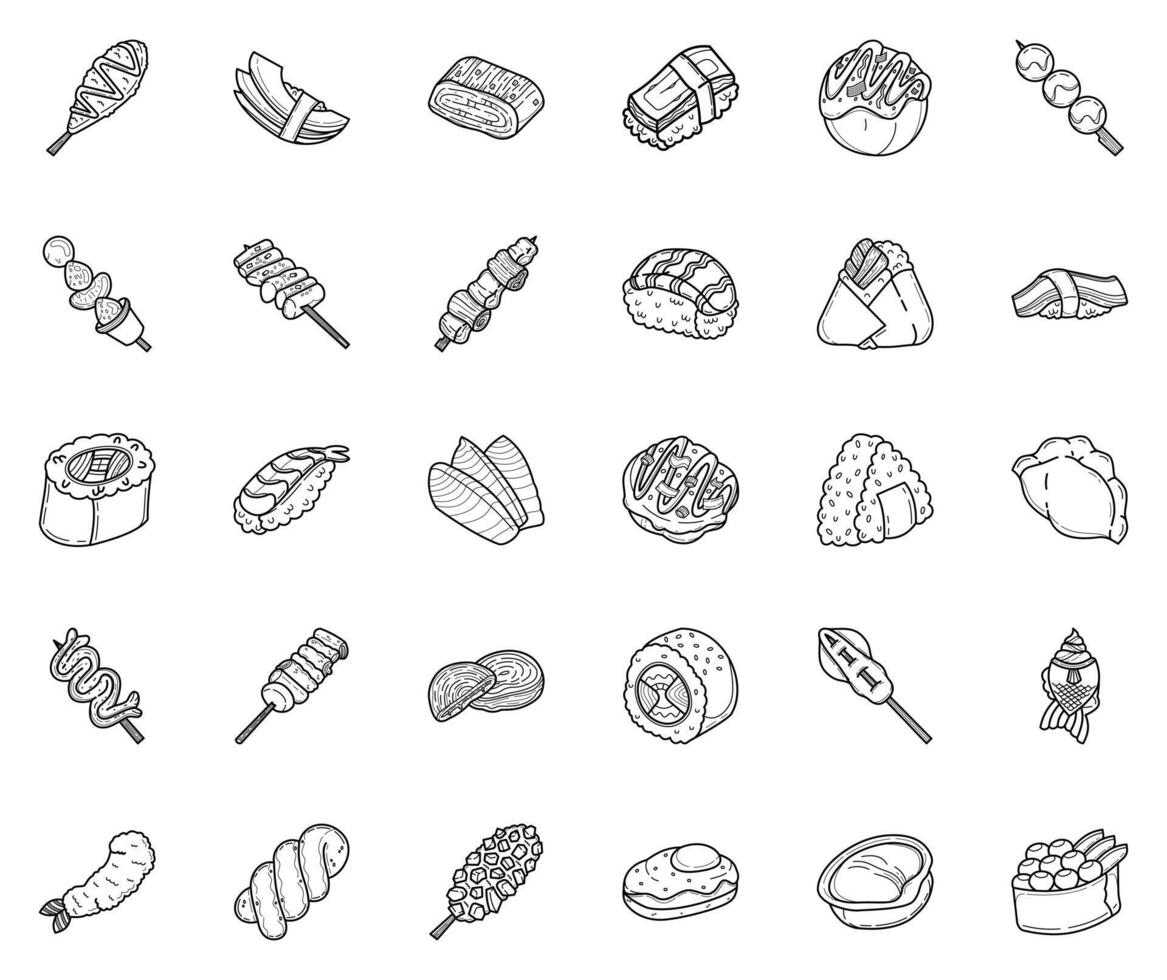 set of asian food line art icon isolated on white background vector