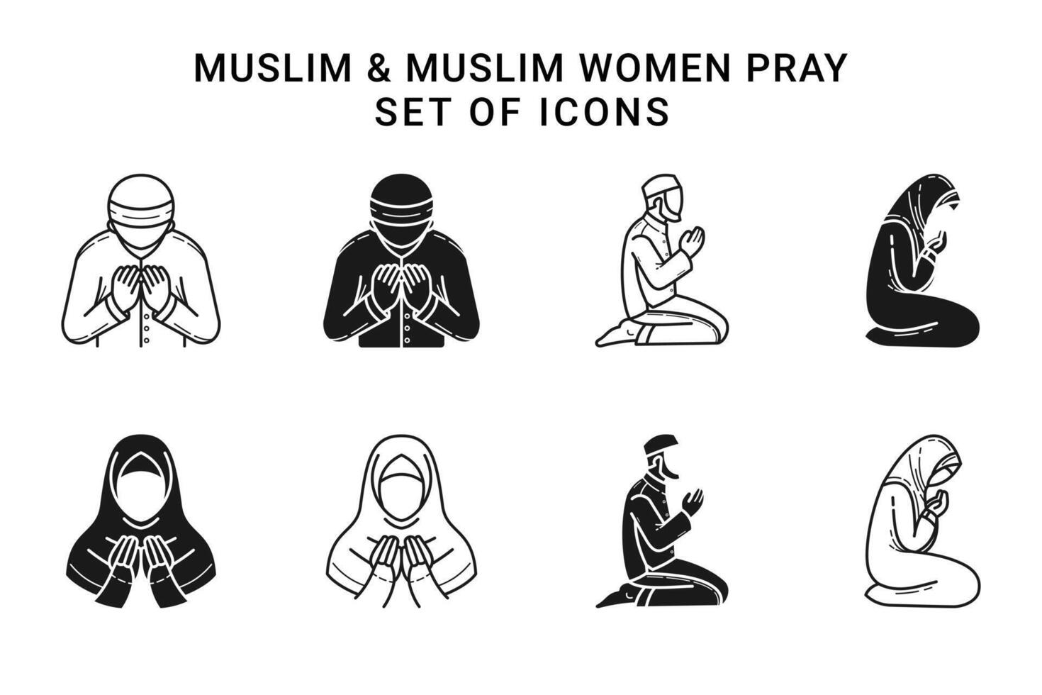 set of muslim and muslim women praying line art and glyphs icon isolated on white background vector