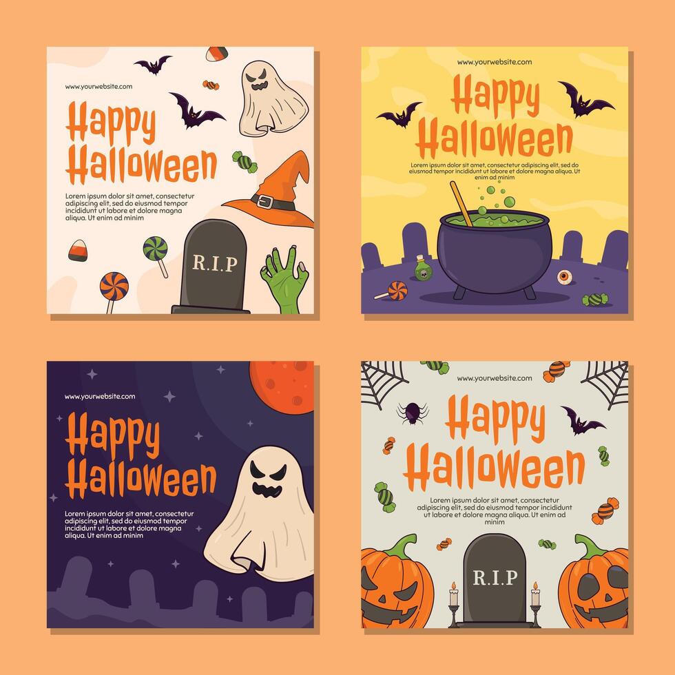 Halloween social media post set party invitation with pumpkin, ghost, cauldron and cemetery. illustration. vector