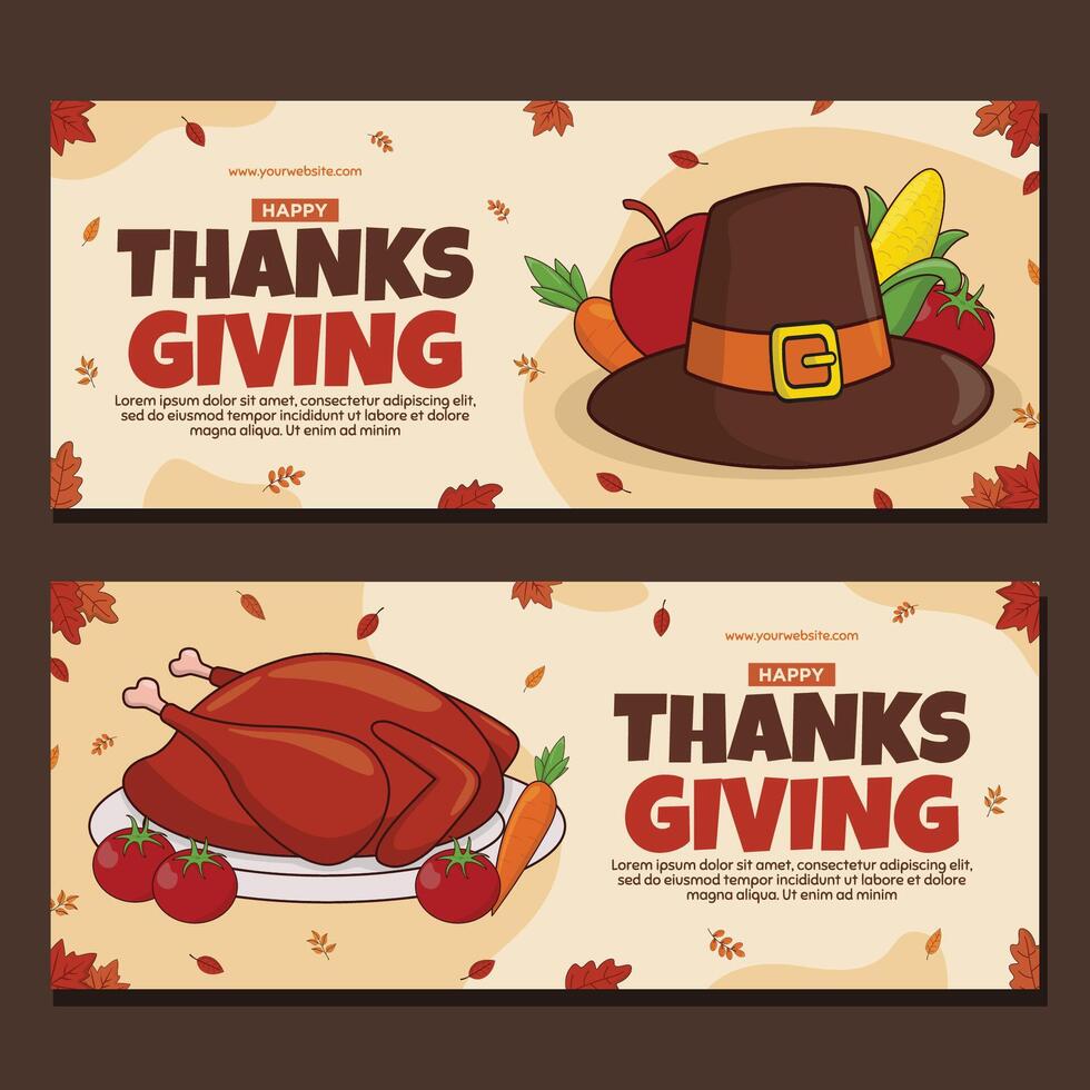 Thanksgiving banners set horizontal with turkey and pilgrim hat illustration vector