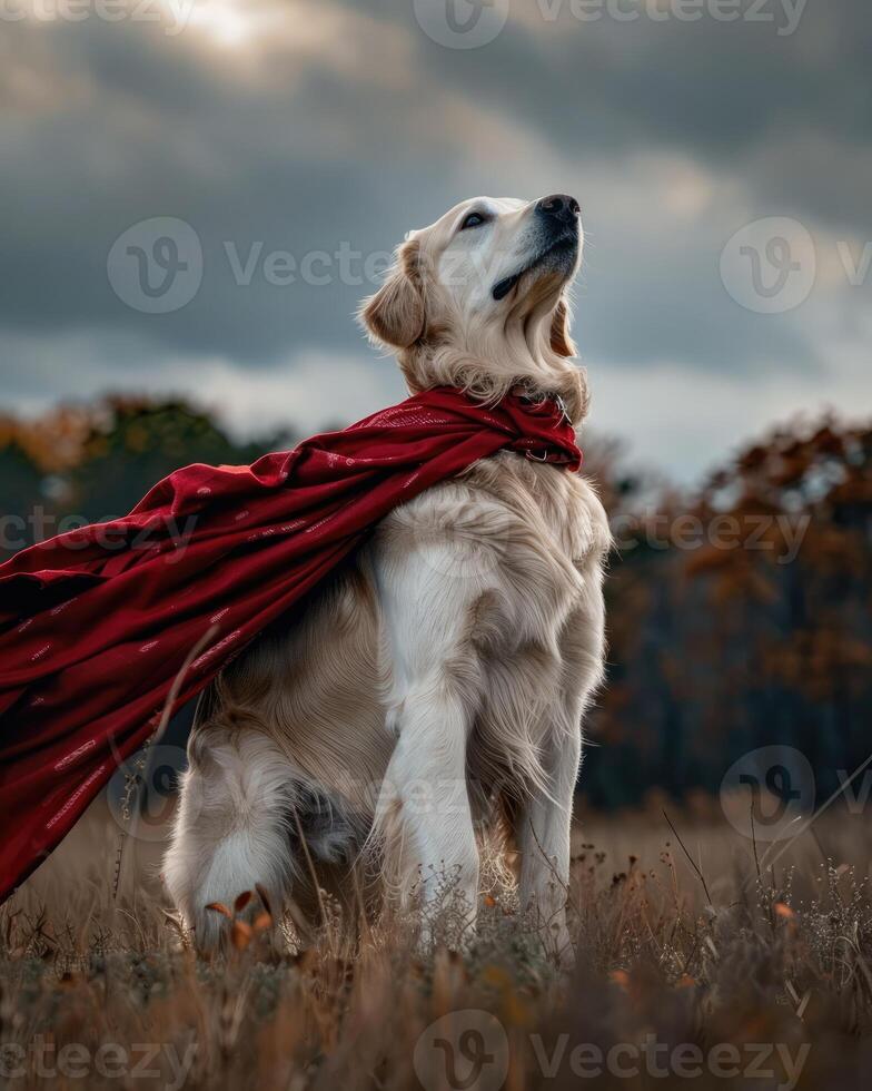 Fluffy Dog as a Superhero with a Wind-Blown Cape photo