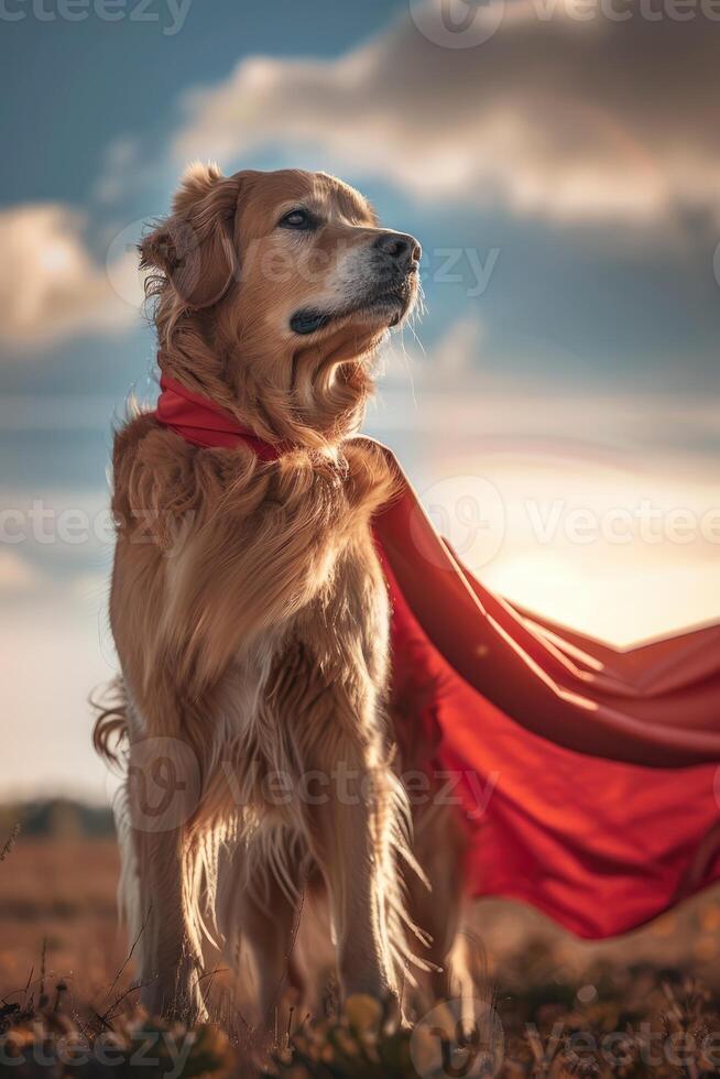Fluffy Dog as a Superhero with a Wind-Blown Cape photo