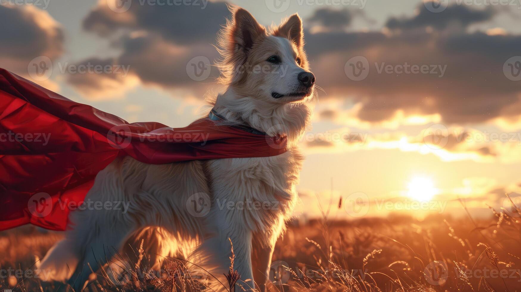 Fluffy Dog as a Superhero with a Wind-Blown Cape photo