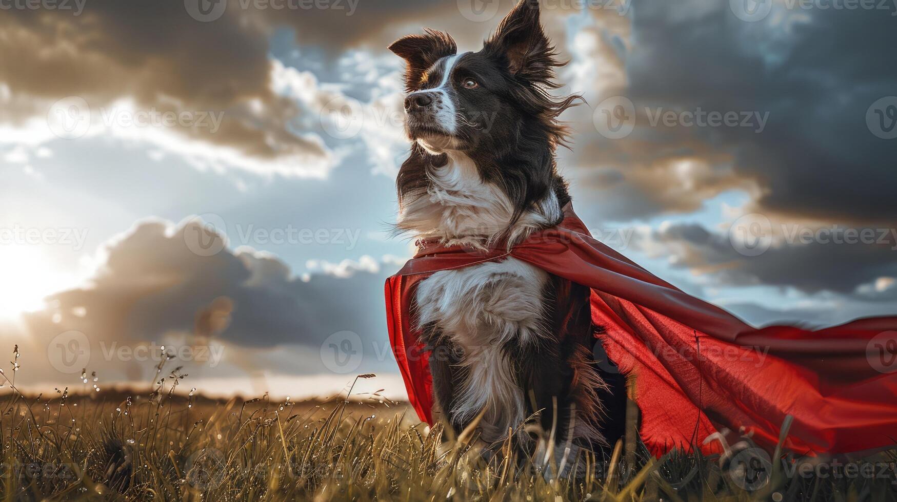 Fluffy Dog as a Superhero with a Wind-Blown Cape photo