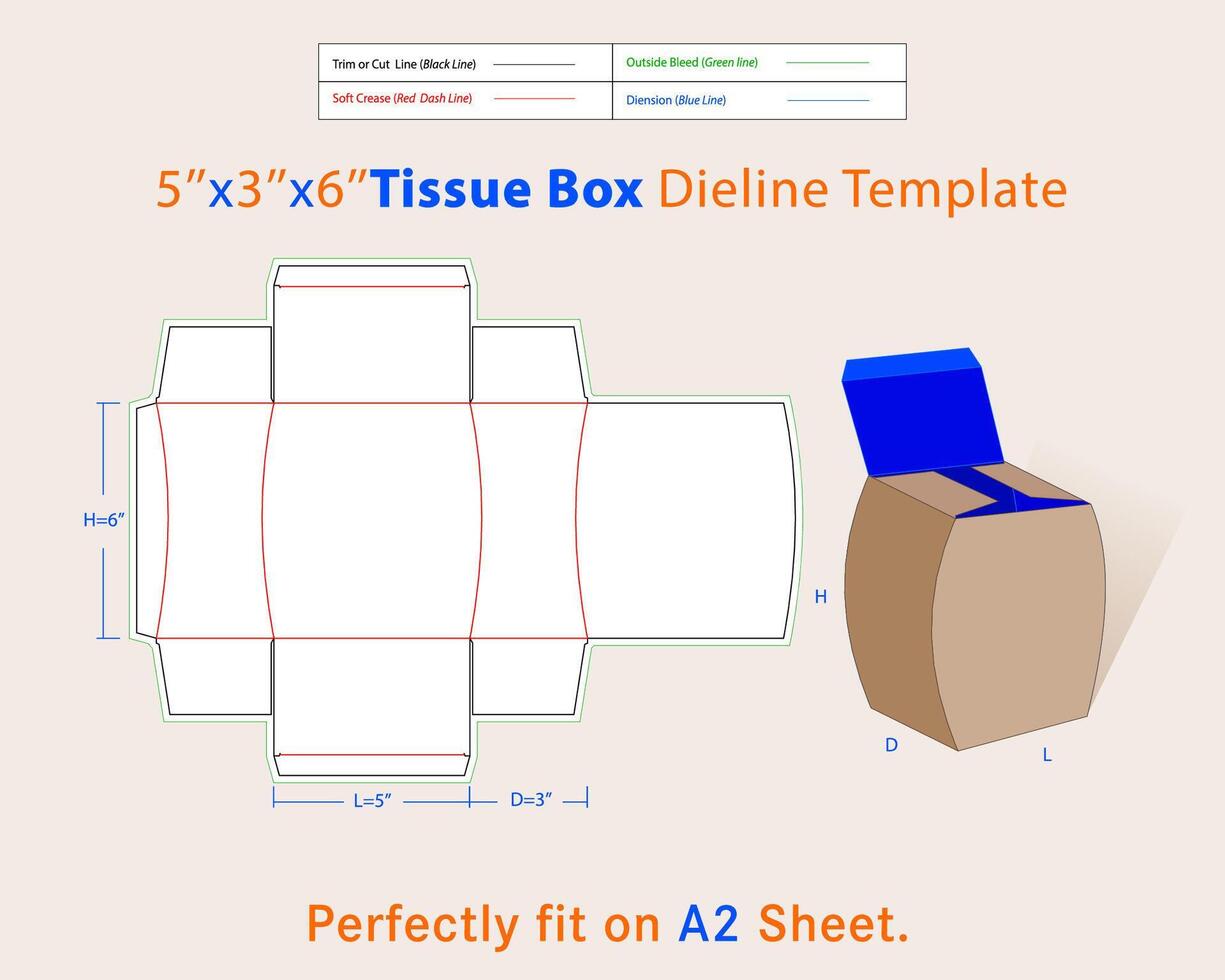 Tissue Box L 5, D 3, H 6 inches Dieline Template vector