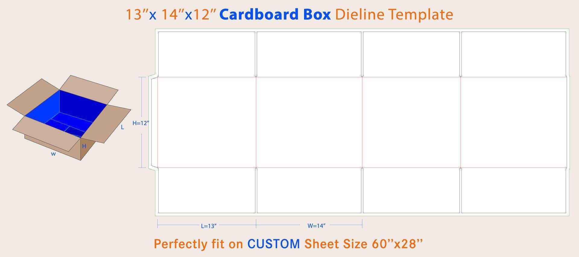 Cardboard box in Medium Size 13 x 14 x 12 inches Dieline Template vector