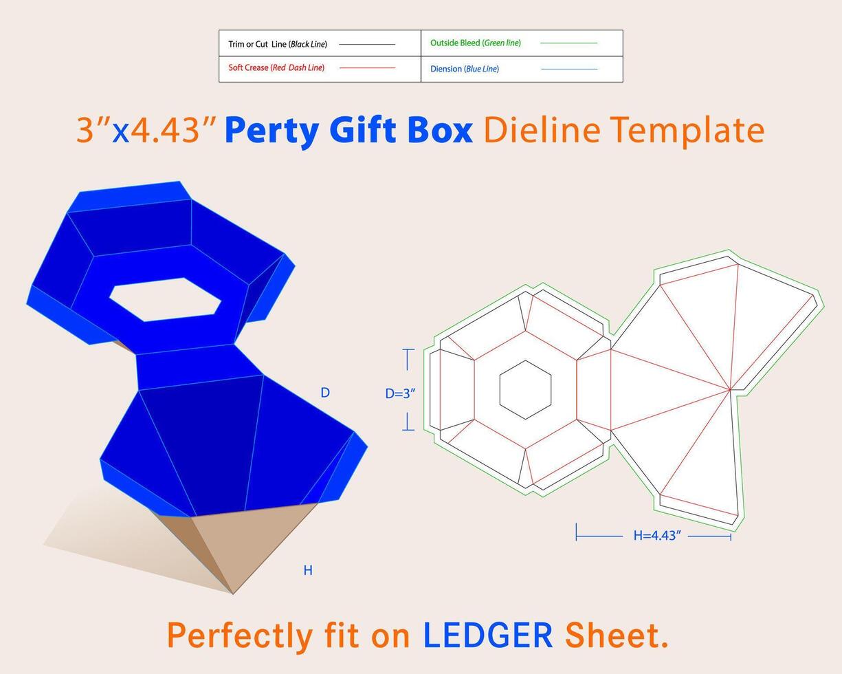 Party Gift Box D 3, H 4.43 inches Dieline Template vector