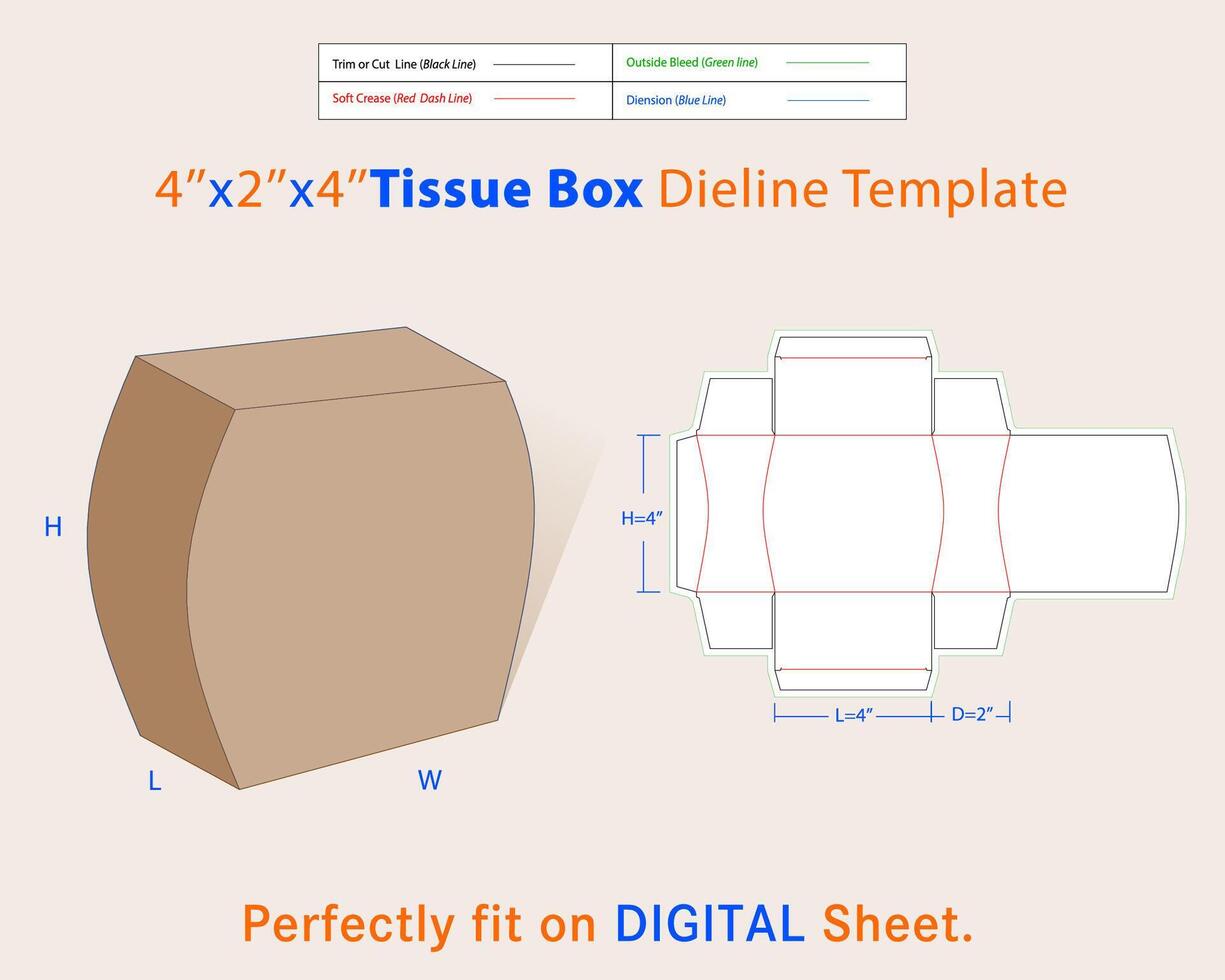 Tissue Box L 4, D 2, H 4 inches Dieline Template vector