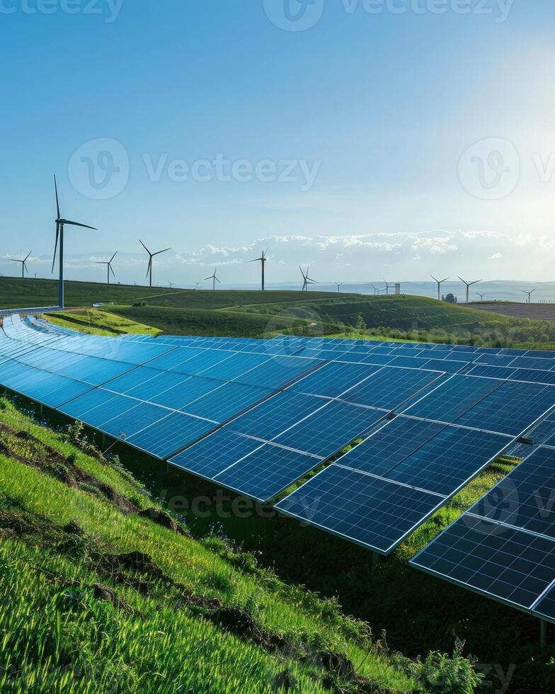 Panoramic View of an Eco-Friendly Power Plant with Solar Panels and Wind Turbines photo