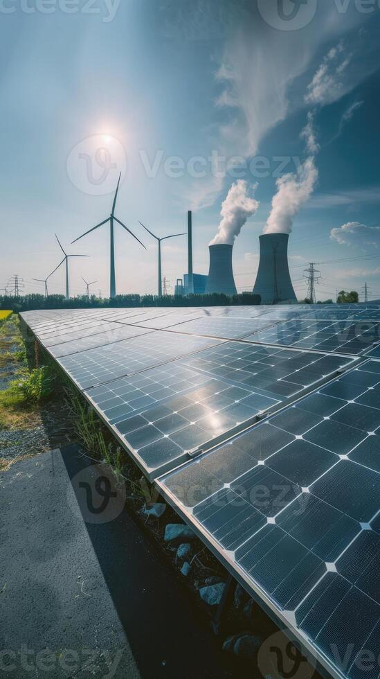 Panoramic View of an Eco-Friendly Power Plant with Solar Panels and Wind Turbines photo