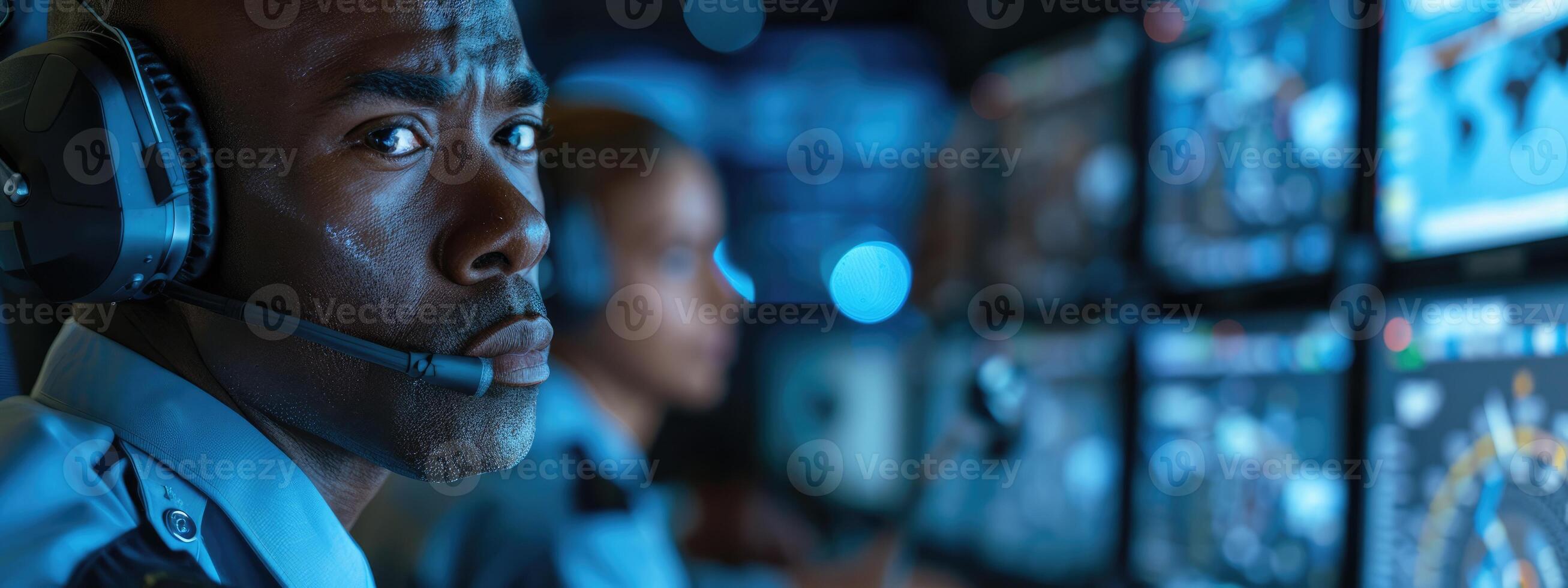 Security Guards Monitoring Screens in Surveillance Room photo