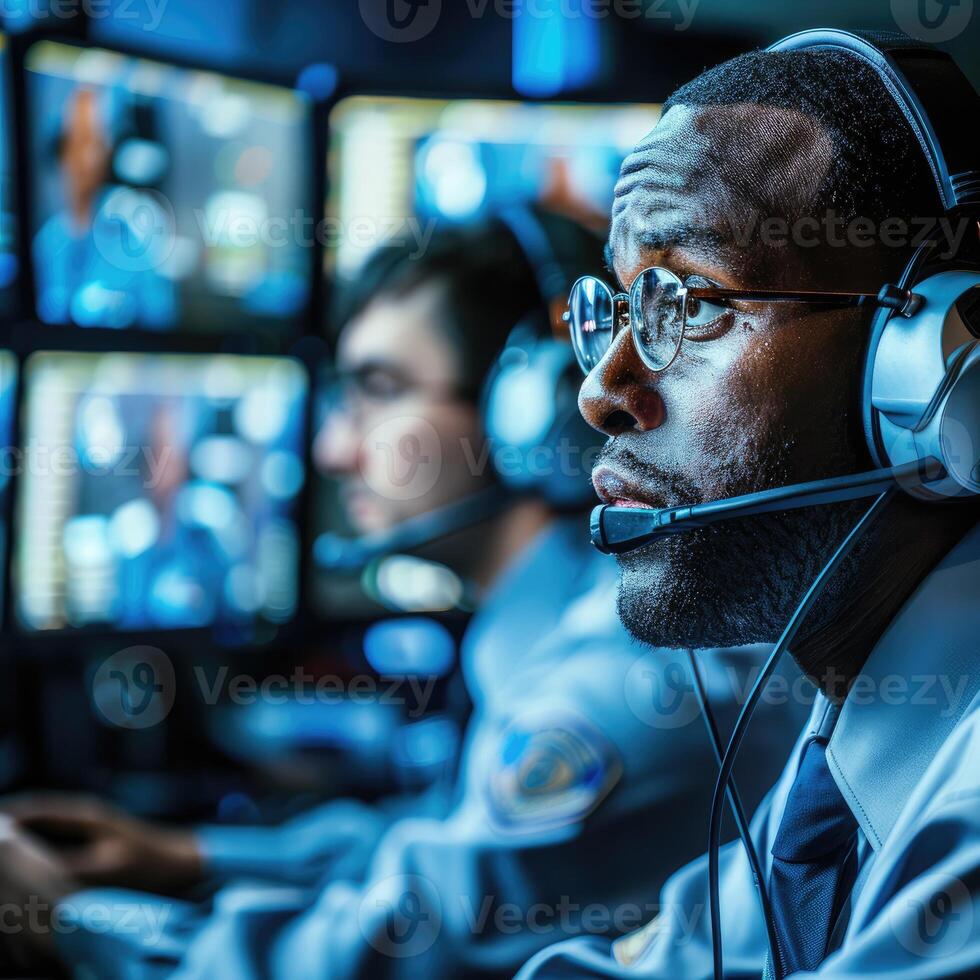 Security Guards Monitoring Screens in Surveillance Room photo
