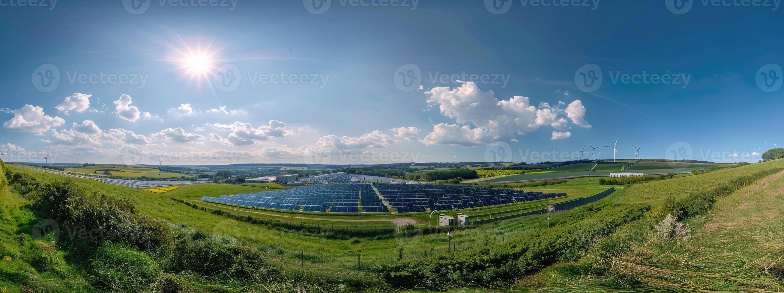 Panoramic View of an Eco-Friendly Power Plant with Solar Panels and Wind Turbines photo