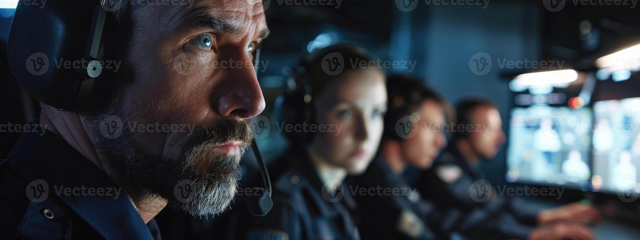 Security Guards Monitoring Screens in Surveillance Room photo