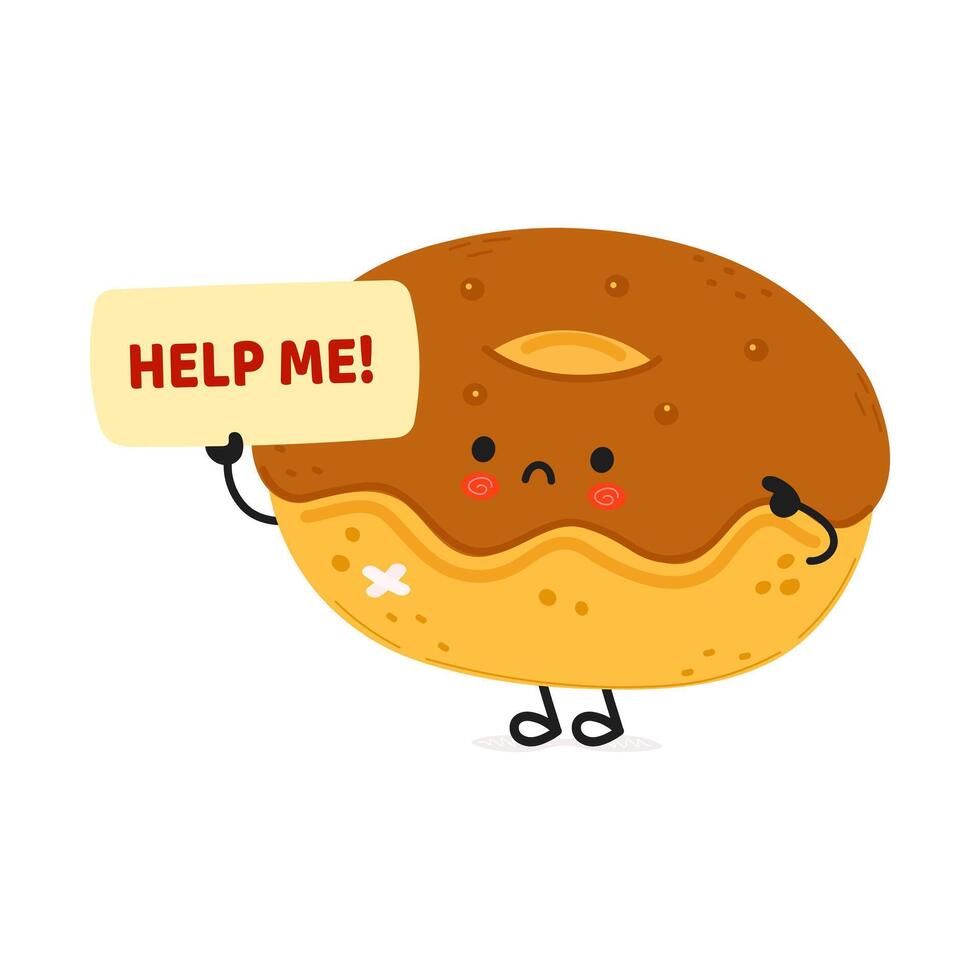 Cute sad sick Chocolate Doughnut asks for help character. hand drawn cartoon kawaii character illustration icon. Isolated on white background. Suffering unhealthy Doughnut character concept vector
