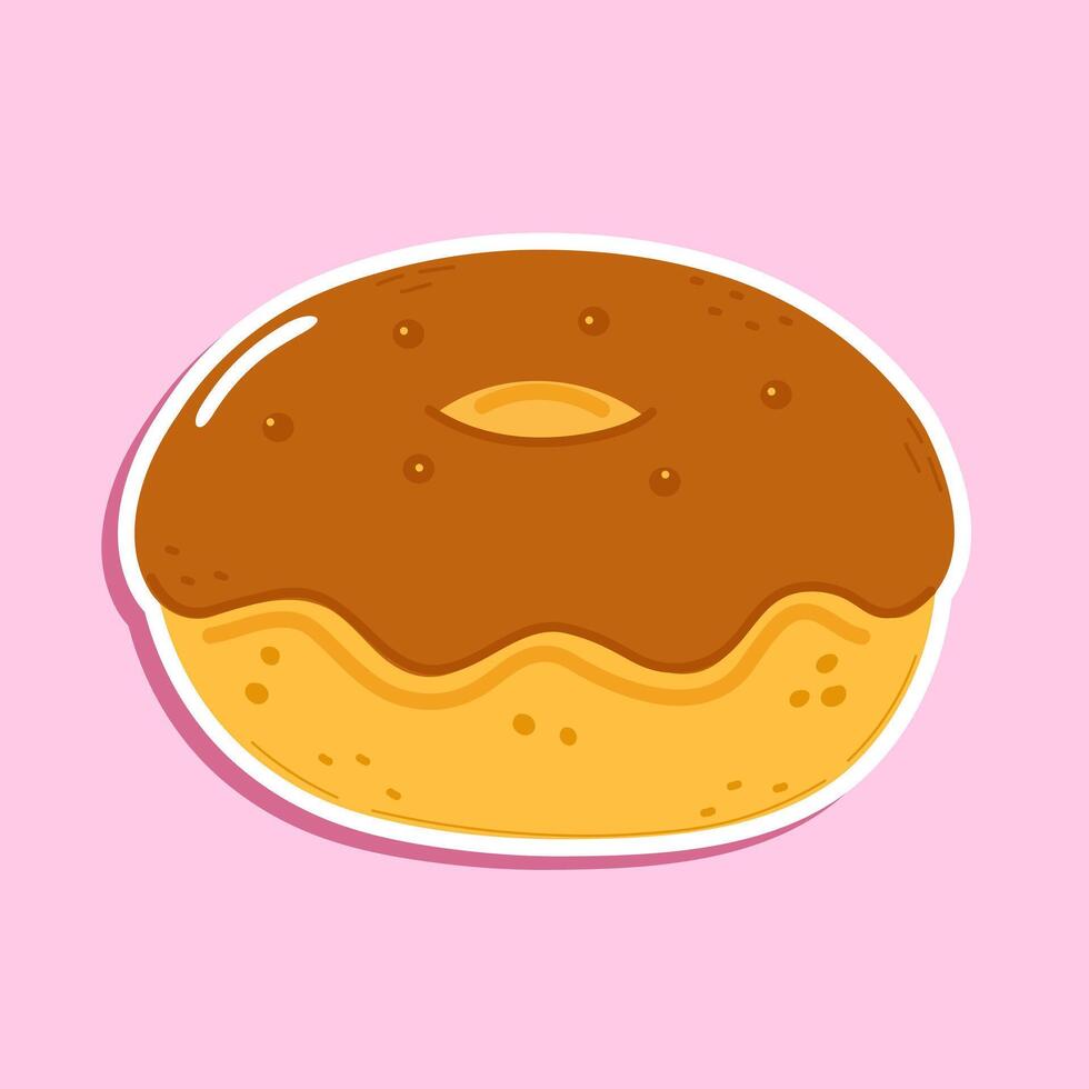 Sticker Chocolate Doughnut character. Hand drawn cartoon kawaii character illustration icon. Isolated on pink background. Doughnut character concept vector