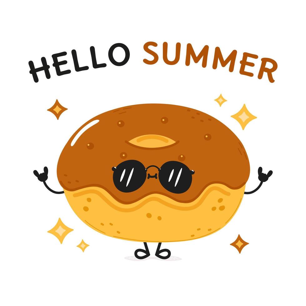 Doughnut character. Hello summer card. Hand drawn cartoon kawaii character illustration icon. Isolated on white background Doughnut character concept vector